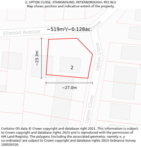 2, UPTON CLOSE, STANGROUND, PETERBOROUGH, PE2 8LU: Plot and title map