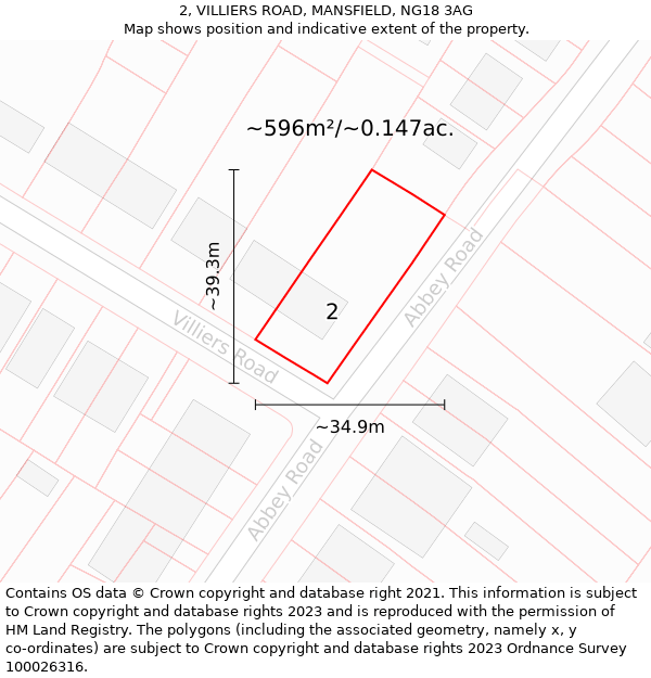 2, VILLIERS ROAD, MANSFIELD, NG18 3AG: Plot and title map