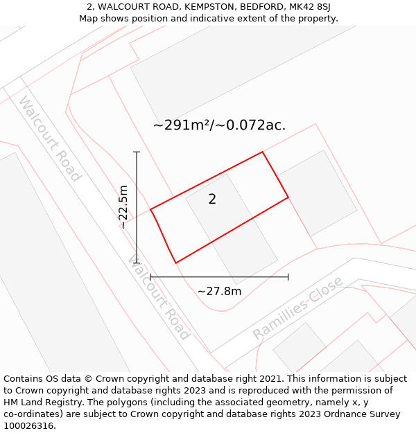 2, WALCOURT ROAD, KEMPSTON, BEDFORD, MK42 8SJ: Plot and title map