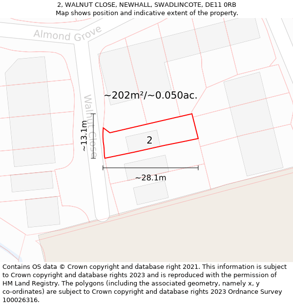 2, WALNUT CLOSE, NEWHALL, SWADLINCOTE, DE11 0RB: Plot and title map