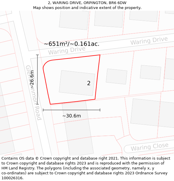 2, WARING DRIVE, ORPINGTON, BR6 6DW: Plot and title map