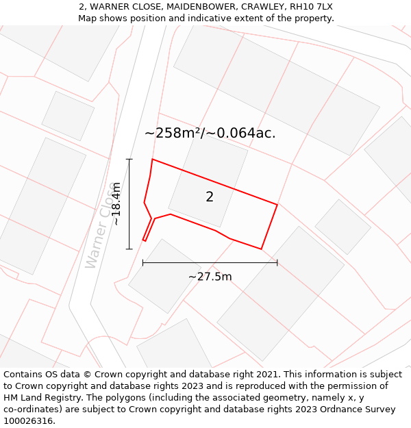 2, WARNER CLOSE, MAIDENBOWER, CRAWLEY, RH10 7LX: Plot and title map
