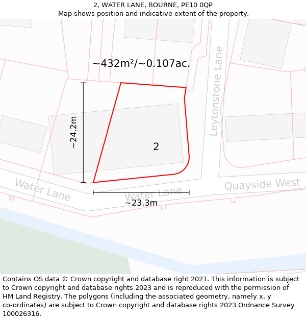 2, WATER LANE, BOURNE, PE10 0QP: Plot and title map