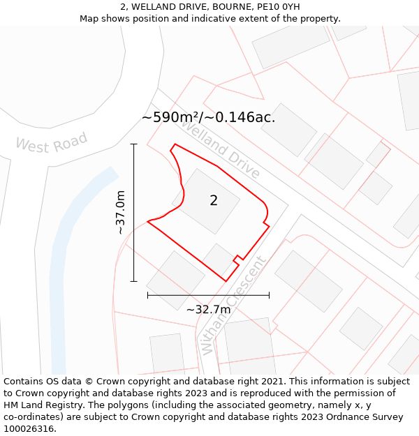 2, WELLAND DRIVE, BOURNE, PE10 0YH: Plot and title map