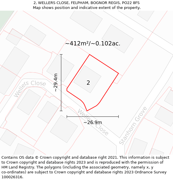 2, WELLERS CLOSE, FELPHAM, BOGNOR REGIS, PO22 8FS: Plot and title map