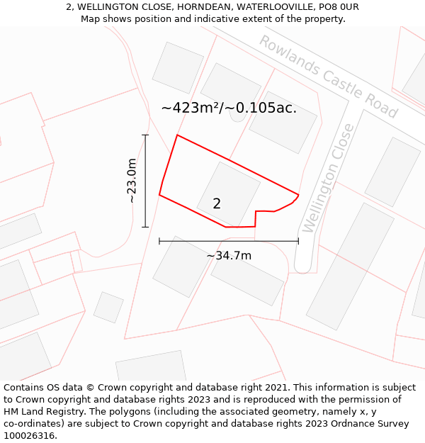 2, WELLINGTON CLOSE, HORNDEAN, WATERLOOVILLE, PO8 0UR: Plot and title map