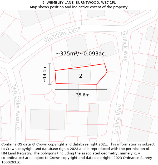 2, WEMBLEY LANE, BURNTWOOD, WS7 1FL: Plot and title map
