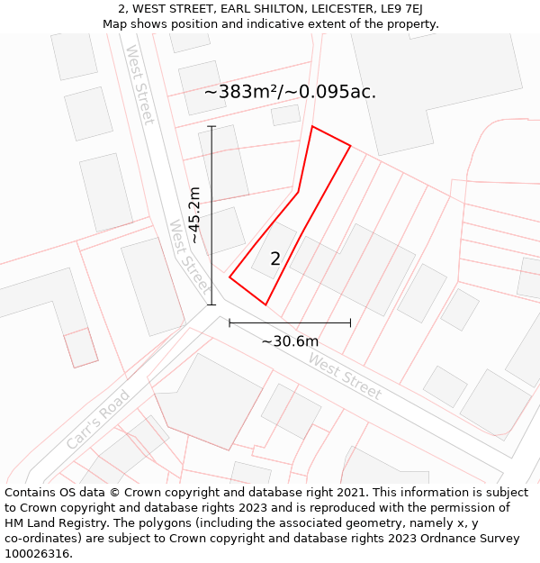 2, WEST STREET, EARL SHILTON, LEICESTER, LE9 7EJ: Plot and title map