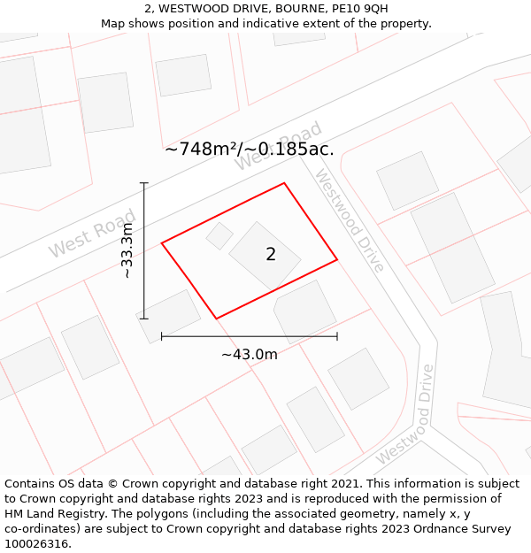2, WESTWOOD DRIVE, BOURNE, PE10 9QH: Plot and title map