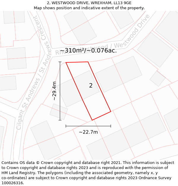 2, WESTWOOD DRIVE, WREXHAM, LL13 9GE: Plot and title map