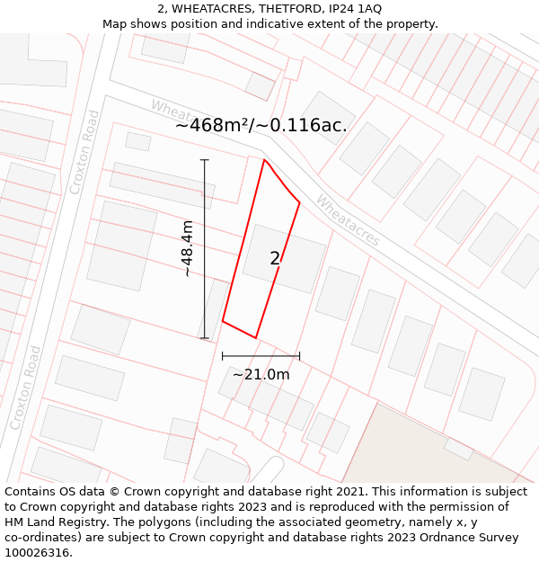 2, WHEATACRES, THETFORD, IP24 1AQ: Plot and title map