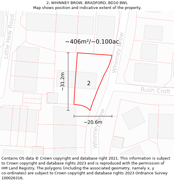 2, WHINNEY BROW, BRADFORD, BD10 8WL: Plot and title map