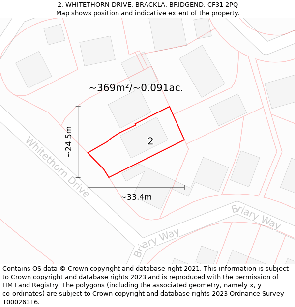 2, WHITETHORN DRIVE, BRACKLA, BRIDGEND, CF31 2PQ: Plot and title map