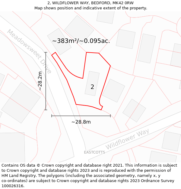 2, WILDFLOWER WAY, BEDFORD, MK42 0RW: Plot and title map