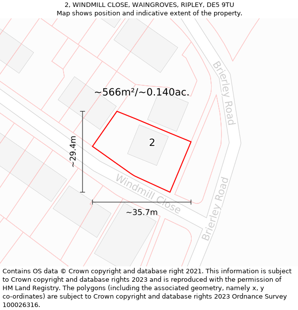 2, WINDMILL CLOSE, WAINGROVES, RIPLEY, DE5 9TU: Plot and title map