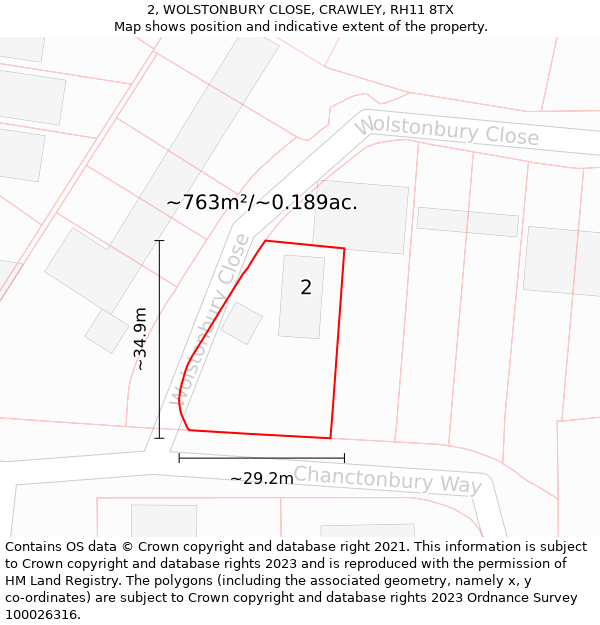 2, WOLSTONBURY CLOSE, CRAWLEY, RH11 8TX: Plot and title map