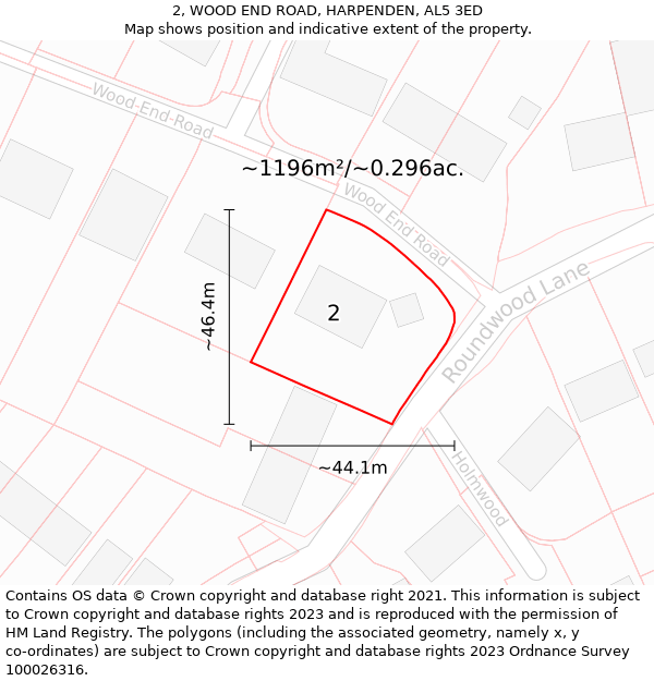 2, WOOD END ROAD, HARPENDEN, AL5 3ED: Plot and title map