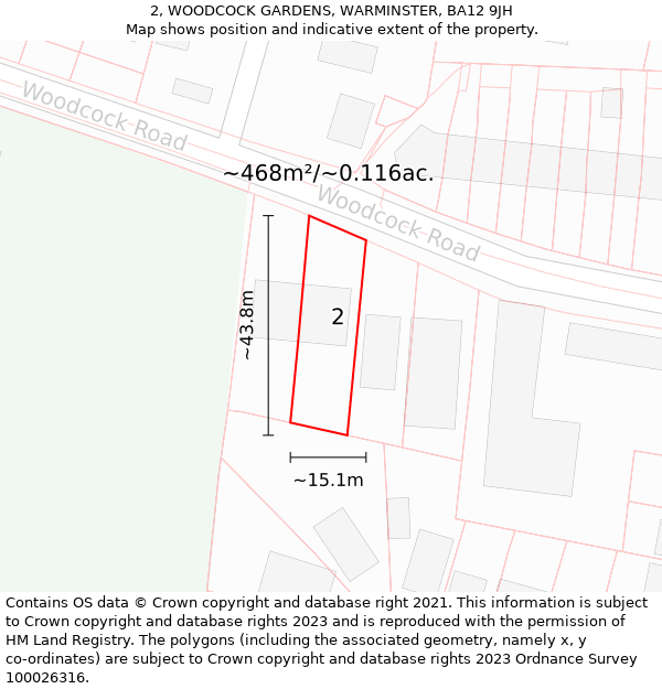 2, WOODCOCK GARDENS, WARMINSTER, BA12 9JH: Plot and title map