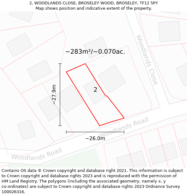 2, WOODLANDS CLOSE, BROSELEY WOOD, BROSELEY, TF12 5PY: Plot and title map