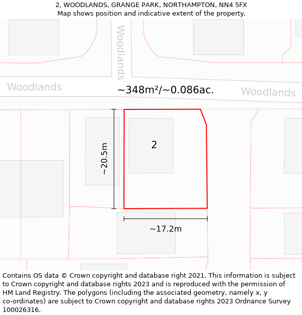 2, WOODLANDS, GRANGE PARK, NORTHAMPTON, NN4 5FX: Plot and title map
