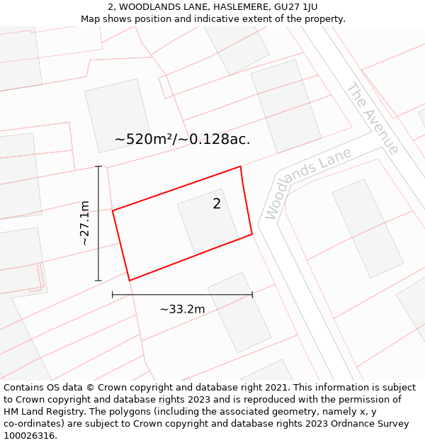 2, WOODLANDS LANE, HASLEMERE, GU27 1JU: Plot and title map