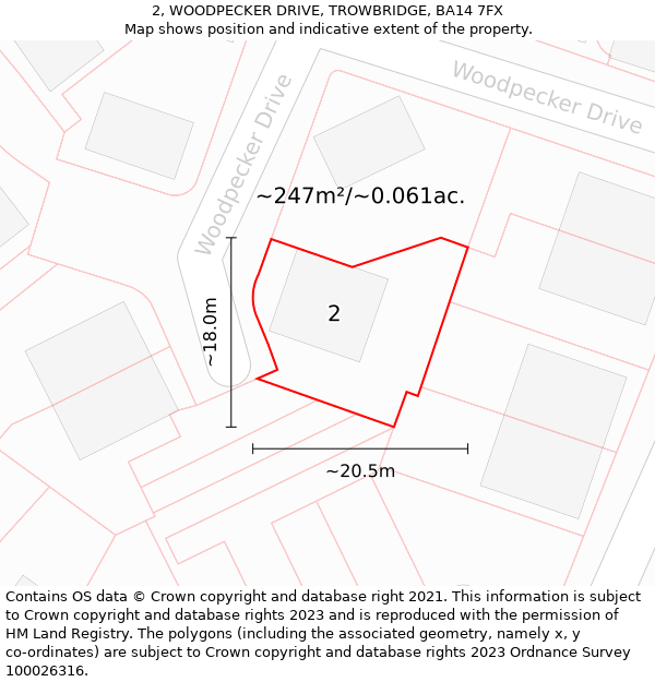 2, WOODPECKER DRIVE, TROWBRIDGE, BA14 7FX: Plot and title map