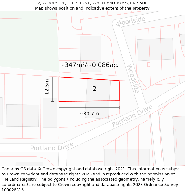 2, WOODSIDE, CHESHUNT, WALTHAM CROSS, EN7 5DE: Plot and title map