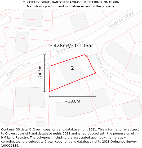 2, YATELEY DRIVE, BARTON SEAGRAVE, KETTERING, NN15 6BN: Plot and title map