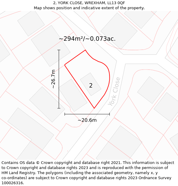 2, YORK CLOSE, WREXHAM, LL13 0QF: Plot and title map