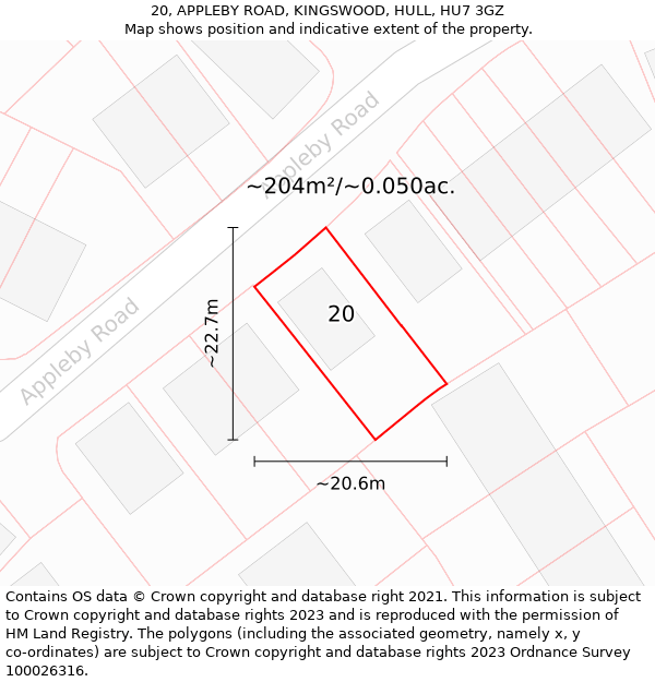 20, APPLEBY ROAD, KINGSWOOD, HULL, HU7 3GZ: Plot and title map