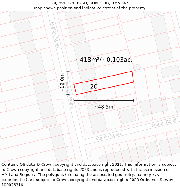 20, AVELON ROAD, ROMFORD, RM5 3XX: Plot and title map