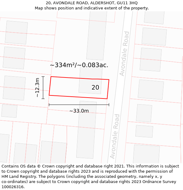 20, AVONDALE ROAD, ALDERSHOT, GU11 3HQ: Plot and title map