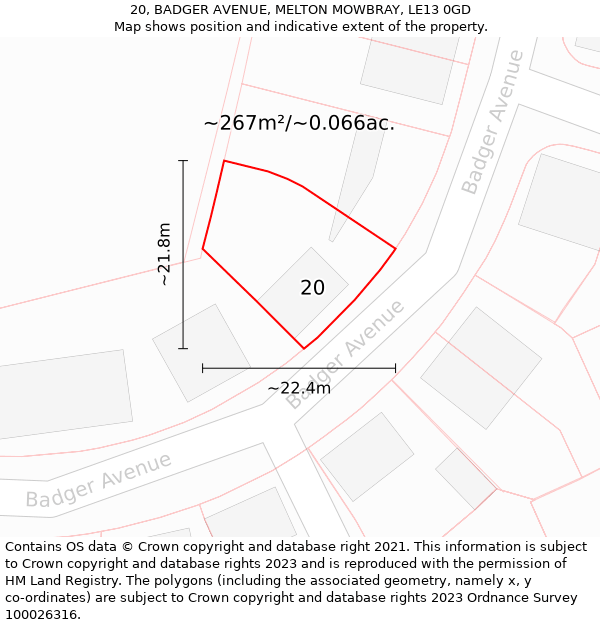 20, BADGER AVENUE, MELTON MOWBRAY, LE13 0GD: Plot and title map