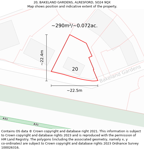 20, BAKELAND GARDENS, ALRESFORD, SO24 9QX: Plot and title map