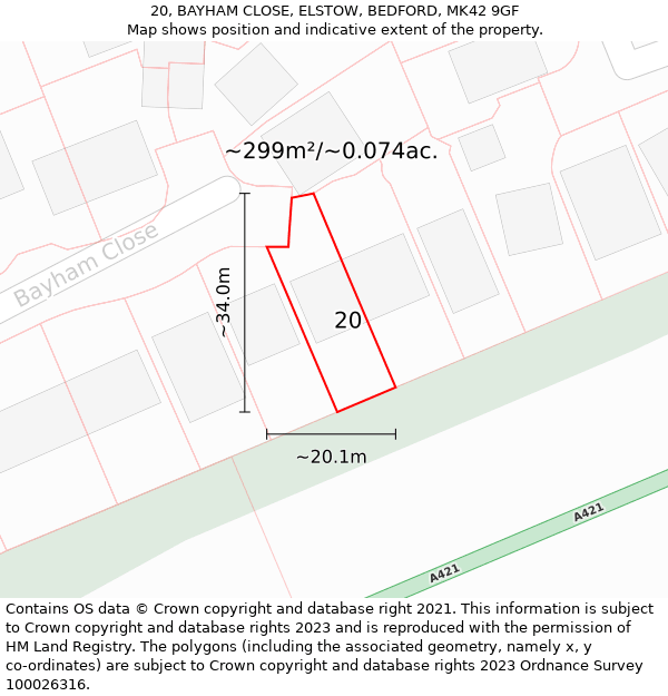 20, BAYHAM CLOSE, ELSTOW, BEDFORD, MK42 9GF: Plot and title map