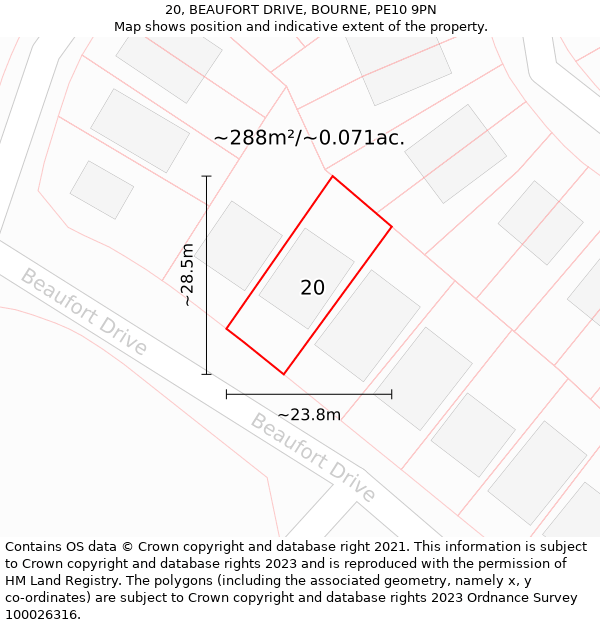 20, BEAUFORT DRIVE, BOURNE, PE10 9PN: Plot and title map