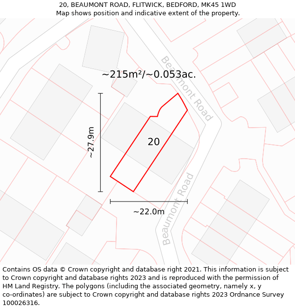 20, BEAUMONT ROAD, FLITWICK, BEDFORD, MK45 1WD: Plot and title map