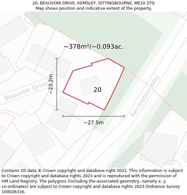 20, BEAUVOIR DRIVE, KEMSLEY, SITTINGBOURNE, ME10 2TQ: Plot and title map