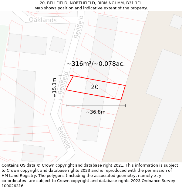 20, BELLFIELD, NORTHFIELD, BIRMINGHAM, B31 1FH: Plot and title map