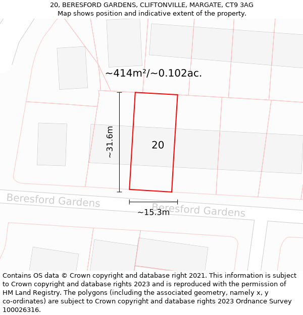 20, BERESFORD GARDENS, CLIFTONVILLE, MARGATE, CT9 3AG: Plot and title map