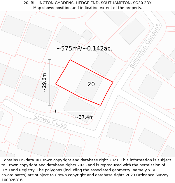 20, BILLINGTON GARDENS, HEDGE END, SOUTHAMPTON, SO30 2RY: Plot and title map