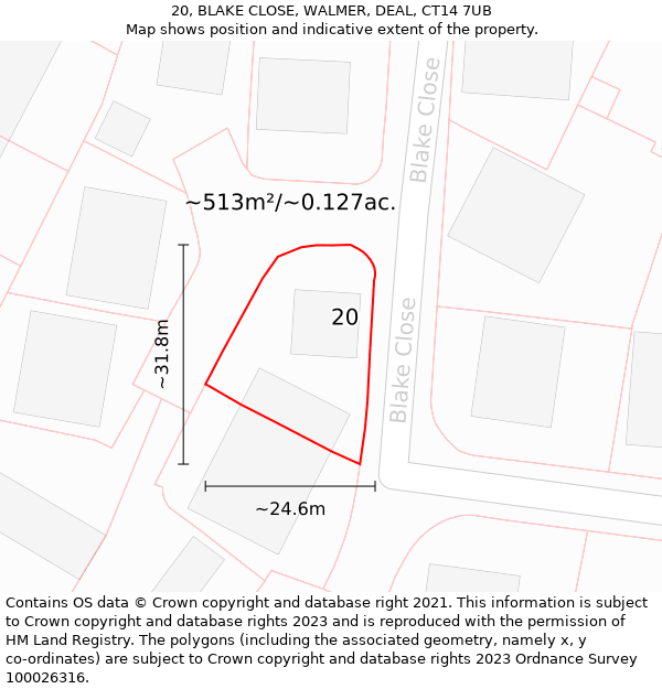 20, BLAKE CLOSE, WALMER, DEAL, CT14 7UB: Plot and title map