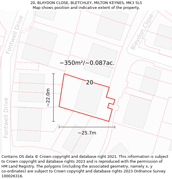 20, BLAYDON CLOSE, BLETCHLEY, MILTON KEYNES, MK3 5LS: Plot and title map