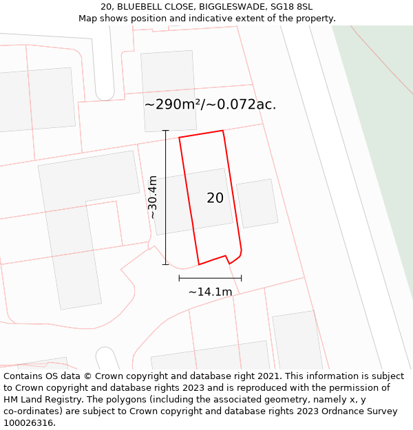 20, BLUEBELL CLOSE, BIGGLESWADE, SG18 8SL: Plot and title map