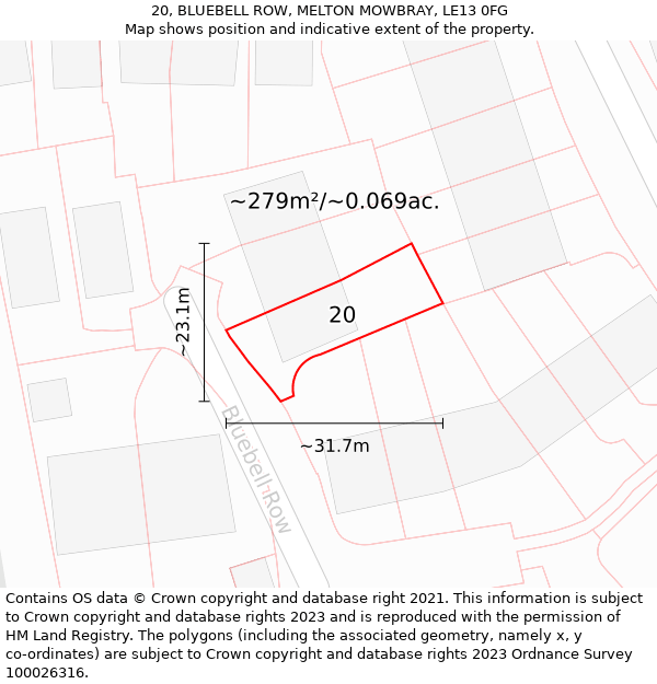 20, BLUEBELL ROW, MELTON MOWBRAY, LE13 0FG: Plot and title map