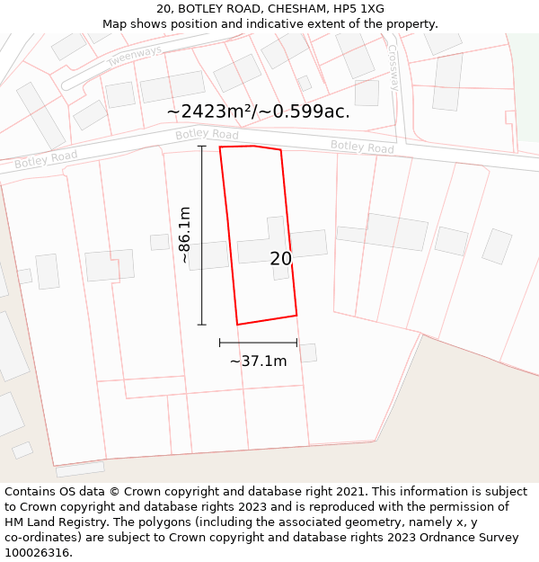 20, BOTLEY ROAD, CHESHAM, HP5 1XG: Plot and title map