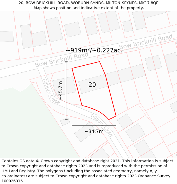 20, BOW BRICKHILL ROAD, WOBURN SANDS, MILTON KEYNES, MK17 8QE: Plot and title map