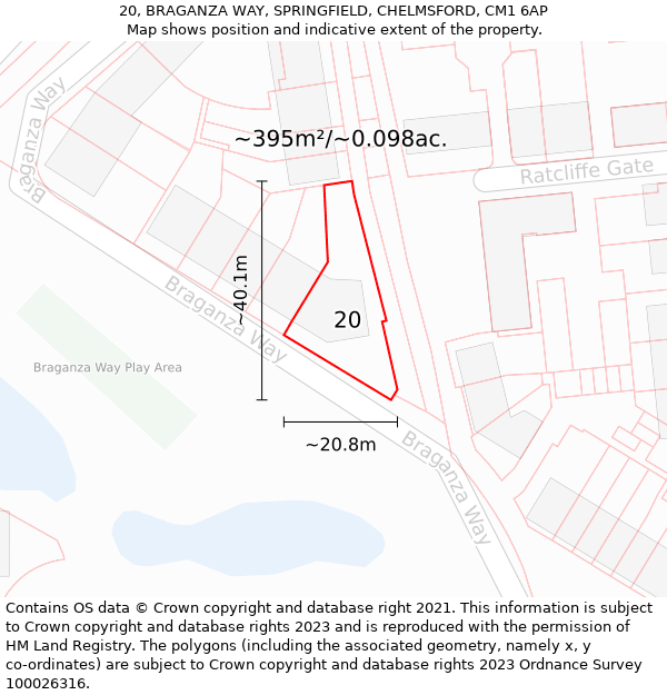 20, BRAGANZA WAY, SPRINGFIELD, CHELMSFORD, CM1 6AP: Plot and title map