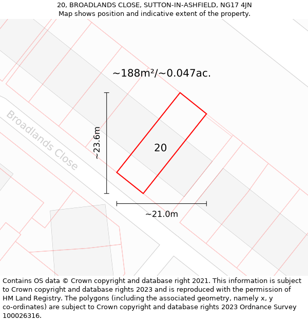 20, BROADLANDS CLOSE, SUTTON-IN-ASHFIELD, NG17 4JN: Plot and title map