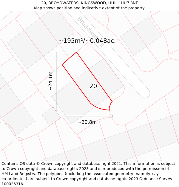 20, BROADWATERS, KINGSWOOD, HULL, HU7 3NF: Plot and title map